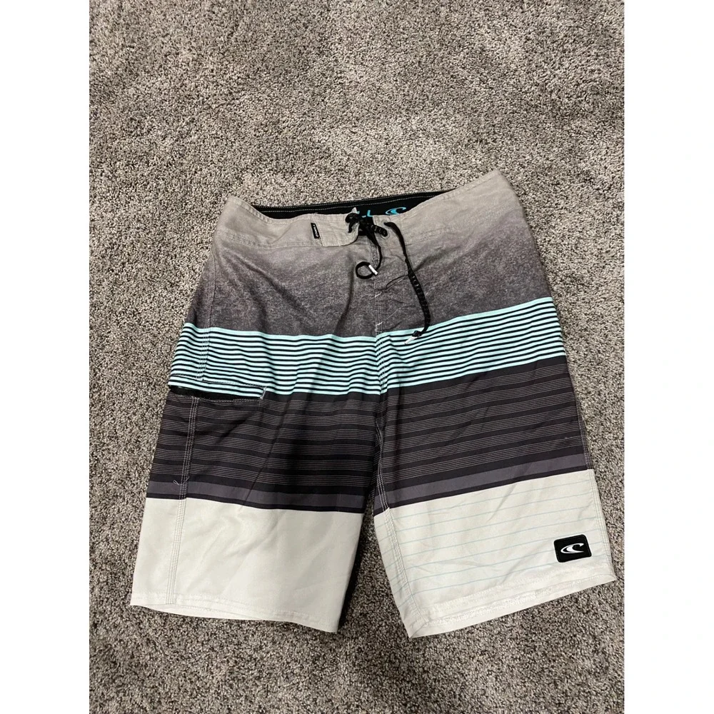 ONeill Mens Board Shorts Size 30 Grey Teal Striped Surf Swim Trunks